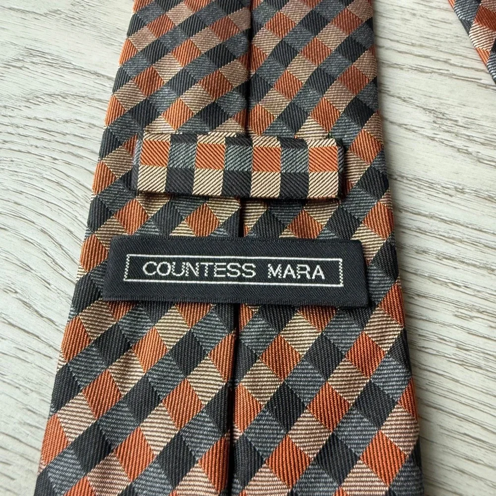 Countess Mara Silk Tie Picnic Plaid Handmade | Brown Black Orange | 57